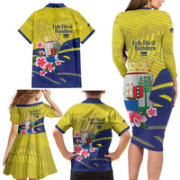 Curacao Flag Day Family Matching Long Sleeve Bodycon Dress and Hawaiian Shirt Felis Dia di Bandera Pink Plumeria - Wonder Print Shop
