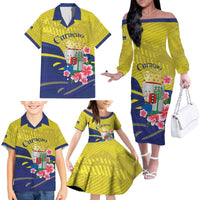 Curacao Flag Day Family Matching Off The Shoulder Long Sleeve Dress and Hawaiian Shirt Felis Dia di Bandera Pink Plumeria - Wonder Print Shop