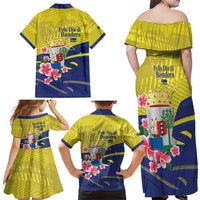 Curacao Flag Day Family Matching Off Shoulder Maxi Dress and Hawaiian Shirt Felis Dia di Bandera Pink Plumeria - Wonder Print Shop
