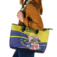 Curacao Flag Day Leather Tote Bag Felis Dia di Bandera Pink Plumeria - Wonder Print Shop