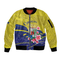 Curacao Flag Day Sleeve Zip Bomber Jacket Felis Dia di Bandera Pink Plumeria - Wonder Print Shop
