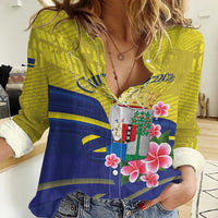 Curacao Flag Day Women Casual Shirt Felis Dia di Bandera Pink Plumeria - Wonder Print Shop