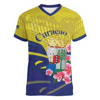 Curacao Flag Day Women V-Neck T-Shirt Felis Dia di Bandera Pink Plumeria - Wonder Print Shop
