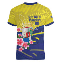Curacao Flag Day Women V-Neck T-Shirt Felis Dia di Bandera Pink Plumeria - Wonder Print Shop