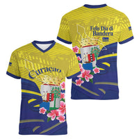 Curacao Flag Day Women V-Neck T-Shirt Felis Dia di Bandera Pink Plumeria - Wonder Print Shop