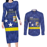Felis Dia di Bandera Curacao Couples Matching Long Sleeve Bodycon Dress and Long Sleeve Button Shirt Flag Proud - Wonder Print Shop