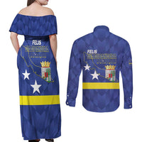 Felis Dia di Bandera Curacao Couples Matching Off Shoulder Maxi Dress and Long Sleeve Button Shirt Flag Proud - Wonder Print Shop