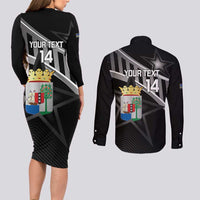Custom Curacao Football Couples Matching Long Sleeve Bodycon Dress and Long Sleeve Button Shirt Go La Familia Azul Black Style - Wonder Print Shop