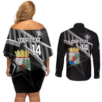 Custom Curacao Football Couples Matching Off Shoulder Short Dress and Long Sleeve Button Shirt Go La Familia Azul Black Style - Wonder Print Shop