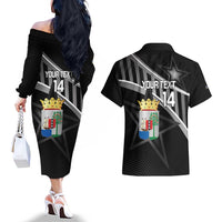 Custom Curacao Football Couples Matching Off The Shoulder Long Sleeve Dress and Hawaiian Shirt Go La Familia Azul Black Style - Wonder Print Shop