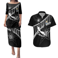 Custom Curacao Football Couples Matching Puletasi and Hawaiian Shirt Go La Familia Azul Black Style - Wonder Print Shop