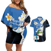 Personalized Nicaragua Independence Day Couples Matching Off Shoulder Short Dress and Hawaiian Shirt Nicaraguan Guardabarranco Mix Sacuanjoche Flowers - Wonder Print Shop