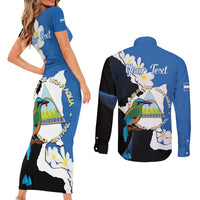 Personalized Nicaragua Independence Day Couples Matching Short Sleeve Bodycon Dress and Long Sleeve Button Shirt Nicaraguan Guardabarranco Mix Sacuanjoche Flowers - Wonder Print Shop