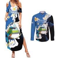 Personalized Nicaragua Independence Day Couples Matching Summer Maxi Dress and Long Sleeve Button Shirt Nicaraguan Guardabarranco Mix Sacuanjoche Flowers - Wonder Print Shop