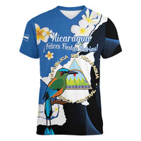 Personalized Nicaragua Independence Day Women V-Neck T-Shirt Nicaraguan Guardabarranco Mix Sacuanjoche Flowers - Wonder Print Shop