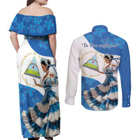 Felices Fiestas Patrias Nicaragua Couples Matching Off Shoulder Maxi Dress and Long Sleeve Button Shirt Bailes Nicaraguan Girl - Wonder Print Shop