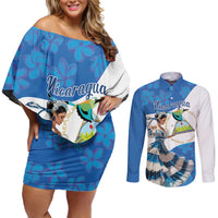 Felices Fiestas Patrias Nicaragua Couples Matching Off Shoulder Short Dress and Long Sleeve Button Shirt Bailes Nicaraguan Girl - Wonder Print Shop