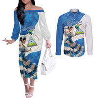Felices Fiestas Patrias Nicaragua Couples Matching Off The Shoulder Long Sleeve Dress and Long Sleeve Button Shirt Bailes Nicaraguan Girl