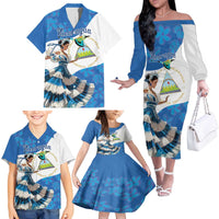 Felices Fiestas Patrias Nicaragua Family Matching Off The Shoulder Long Sleeve Dress and Hawaiian Shirt Bailes Nicaraguan Girl - Wonder Print Shop