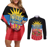 Antigua Carnival Couples Matching Off Shoulder Short Dress and Long Sleeve Button Shirt Greatest Summer Festival Of Caribbean LT14