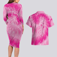 Personalized Breast Cancer Awareness Couples Matching Long Sleeve Bodycon Dress and Hawaiian Shirt Think Pink Tie Dye Ribbon - Wonder Print Shop