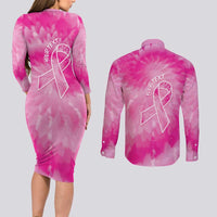Personalized Breast Cancer Awareness Couples Matching Long Sleeve Bodycon Dress and Long Sleeve Button Shirt Think Pink Tie Dye Ribbon - Wonder Print Shop