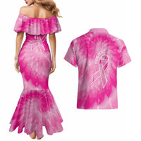 Personalized Breast Cancer Awareness Couples Matching Mermaid Dress and Hawaiian Shirt Think Pink Tie Dye Ribbon - Wonder Print Shop