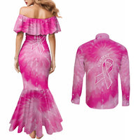 Personalized Breast Cancer Awareness Couples Matching Mermaid Dress and Long Sleeve Button Shirt Think Pink Tie Dye Ribbon - Wonder Print Shop