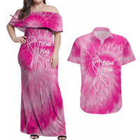 Personalized Breast Cancer Awareness Couples Matching Off Shoulder Maxi Dress and Hawaiian Shirt Think Pink Tie Dye Ribbon - Wonder Print Shop