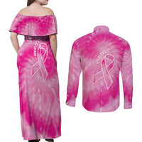 Personalized Breast Cancer Awareness Couples Matching Off Shoulder Maxi Dress and Long Sleeve Button Shirt Think Pink Tie Dye Ribbon - Wonder Print Shop
