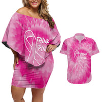 Personalized Breast Cancer Awareness Couples Matching Off Shoulder Short Dress and Hawaiian Shirt Think Pink Tie Dye Ribbon - Wonder Print Shop