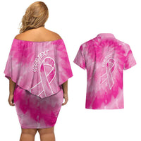 Personalized Breast Cancer Awareness Couples Matching Off Shoulder Short Dress and Hawaiian Shirt Think Pink Tie Dye Ribbon - Wonder Print Shop