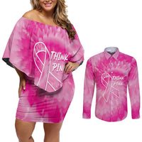Personalized Breast Cancer Awareness Couples Matching Off Shoulder Short Dress and Long Sleeve Button Shirt Think Pink Tie Dye Ribbon - Wonder Print Shop