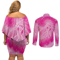 Personalized Breast Cancer Awareness Couples Matching Off Shoulder Short Dress and Long Sleeve Button Shirt Think Pink Tie Dye Ribbon - Wonder Print Shop