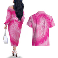 Personalized Breast Cancer Awareness Couples Matching Off The Shoulder Long Sleeve Dress and Hawaiian Shirt Think Pink Tie Dye Ribbon - Wonder Print Shop