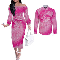 Personalized Breast Cancer Awareness Couples Matching Off The Shoulder Long Sleeve Dress and Long Sleeve Button Shirt Think Pink Tie Dye Ribbon - Wonder Print Shop