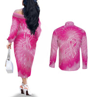 Personalized Breast Cancer Awareness Couples Matching Off The Shoulder Long Sleeve Dress and Long Sleeve Button Shirt Think Pink Tie Dye Ribbon - Wonder Print Shop