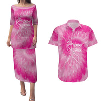 Personalized Breast Cancer Awareness Couples Matching Puletasi and Hawaiian Shirt Think Pink Tie Dye Ribbon - Wonder Print Shop