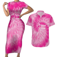 Personalized Breast Cancer Awareness Couples Matching Short Sleeve Bodycon Dress and Hawaiian Shirt Think Pink Tie Dye Ribbon - Wonder Print Shop