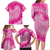 Personalized Breast Cancer Awareness Family Matching Long Sleeve Bodycon Dress and Hawaiian Shirt Think Pink Tie Dye Ribbon - Wonder Print Shop