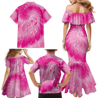 Personalized Breast Cancer Awareness Family Matching Mermaid Dress and Hawaiian Shirt Think Pink Tie Dye Ribbon - Wonder Print Shop