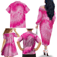 Personalized Breast Cancer Awareness Family Matching Off The Shoulder Long Sleeve Dress and Hawaiian Shirt Think Pink Tie Dye Ribbon - Wonder Print Shop