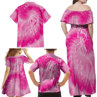 Personalized Breast Cancer Awareness Family Matching Off Shoulder Maxi Dress and Hawaiian Shirt Think Pink Tie Dye Ribbon - Wonder Print Shop