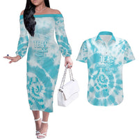 Teal Ribbon Cervical Cancer Awareness Couples Matching Off The Shoulder Long Sleeve Dress and Hawaiian Shirt Not Going Down Without A Fight Tie Dye - Wonder Print Shop