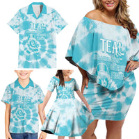 Teal Ribbon Cervical Cancer Awareness Family Matching Off Shoulder Short Dress and Hawaiian Shirt Not Going Down Without A Fight Tie Dye - Wonder Print Shop