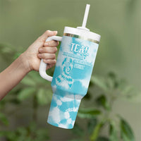 Teal Ribbon Cervical Cancer Awareness Tumbler With Handle Not Going Down Without A Fight Tie Dye - Wonder Print Shop