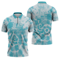 Teal Ribbon Cervical Cancer Awareness Zipper Polo Shirt Not Going Down Without A Fight Tie Dye - Wonder Print Shop