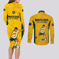 Australia Soccer Couples Matching Long Sleeve Bodycon Dress and Long Sleeve Button Shirts Sam Kerr Matildas Proud 2023 World Cup Yellow - Wonder Print Shop