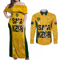 Australia Soccer Couples Matching Off Shoulder Maxi Dress and Long Sleeve Button Shirts Sam Kerr Matildas Proud 2023 World Cup Yellow - Wonder Print Shop