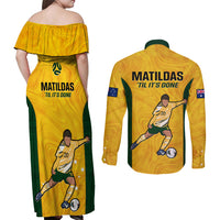 Australia Soccer Couples Matching Off Shoulder Maxi Dress and Long Sleeve Button Shirts Sam Kerr Matildas Proud 2023 World Cup Yellow - Wonder Print Shop